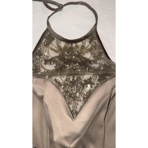 Morilee Madeline Gardner Taupe Formal Beaded Gown Halter Dress Sz 6 Black Tie - Picture 11 of 16